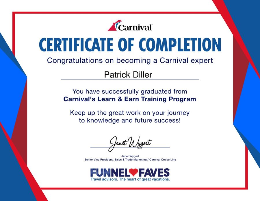 Carnival Learn and Earn Certificate of Completion — Patrick Diller